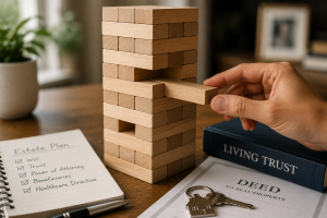 Hand removing a block from a Jenga tower beside estate planning documents, illustrating how one change can affect an overall plan.