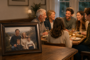 Framed family photo from years ago next to a modern family gathering, illustrating why estate plans should be reviewed as life changes.