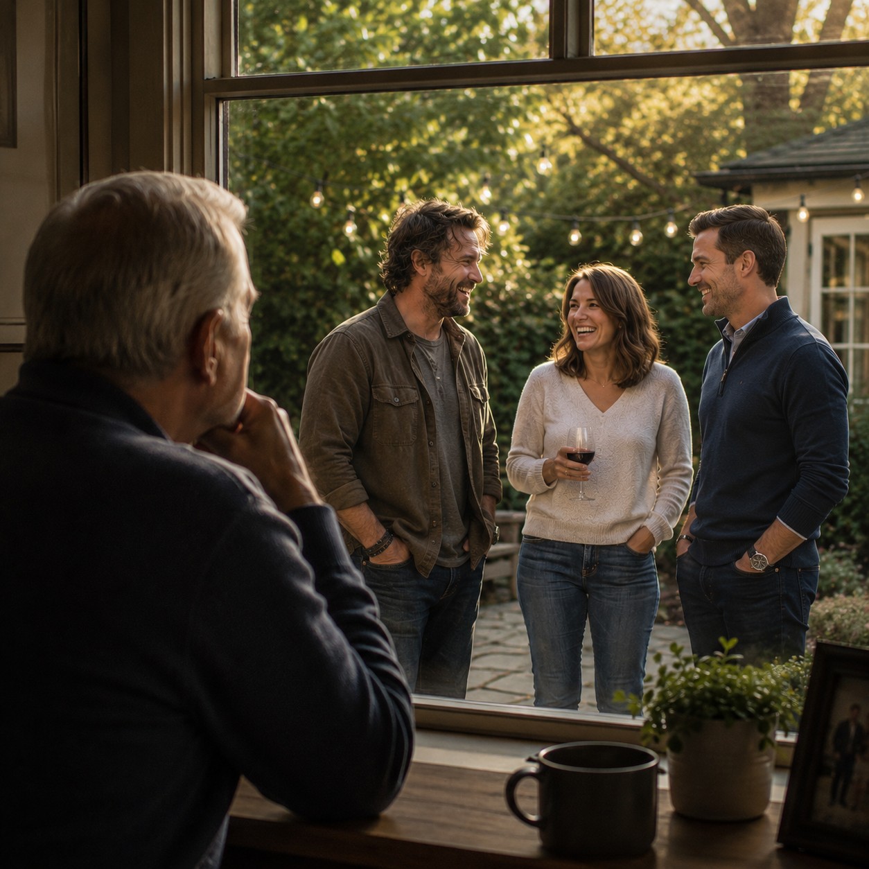 Older father looking through a window at his three adult children, illustrating estate planning decisions about how beneficiaries receive an inheritance.